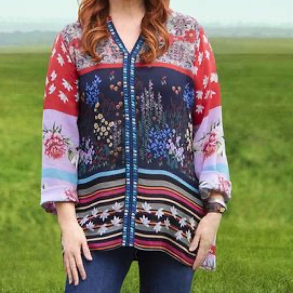 Johnny Was Paneled-Print Georgette Boyfriend Blouse